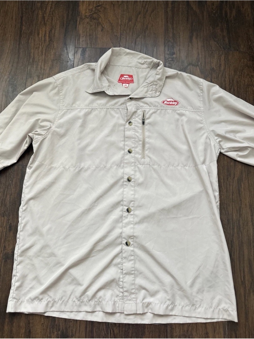 Berkley Fishing Shirt Mens Large Beige UFP 20+ Zip Pocket Logo Vented Fish L